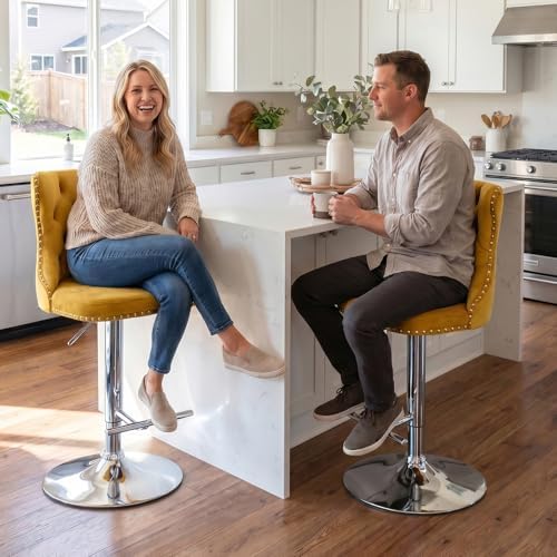 SoarFlash Velvet Bar Stool Set of 2, Adjustable Swivel Bar Stools with Silver Plated Metal Leg, Button Tufted, Footrest, Chrome Nailhead, Counter Height Chair for Kitchen, Bar, Dining Room (Gold) - Image 5