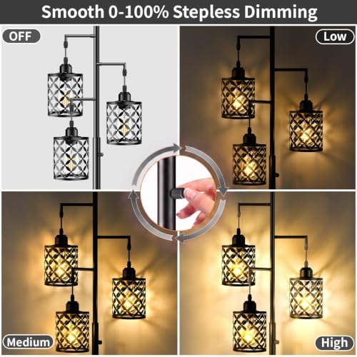 72" Industrial Tree Floor Lamp, Dimmable Farmhouse Tall Standing Lamp with Quatrefoil Cutout Shades & Rotary Dimmer, Corner Lighting for Living Room Bedroom, 3 x 800LM Bulbs Included -Black - Image 4