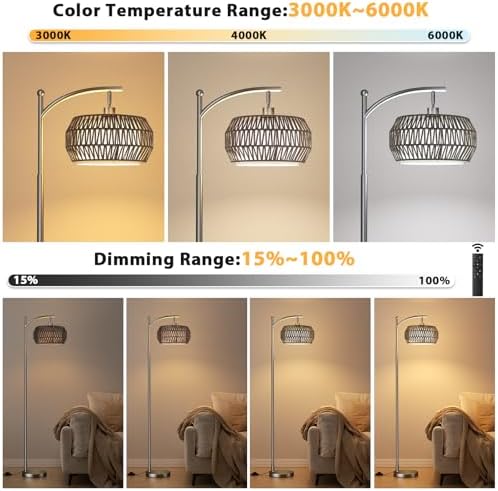 Ambimall Arc Floor Lamp with Remote & Rattan Double Shades, Gray Bohemian - Image 4