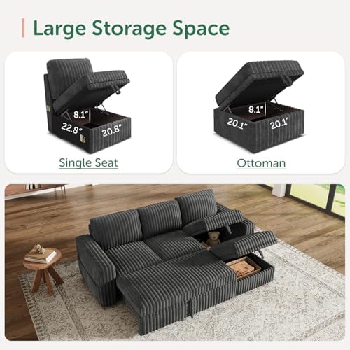 HONBAY Modular Sectional Sofa with Pull Out Bed,Corduroy L Shaped Sleeper Sofa with Storage, Sectional Couches for Living Room,Dark Grey - Image 5