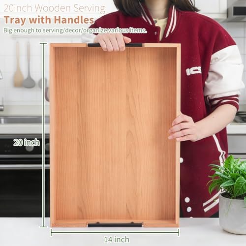 Large Ottoman Tray, 20"x14" Rectangular Trays for Big Ottoman, Maple Wooden Serving Tray with Metal Handles, Wood Serving Tray Counter Kitchen, Living Room Coffee Table Decor Organizer - Image 6