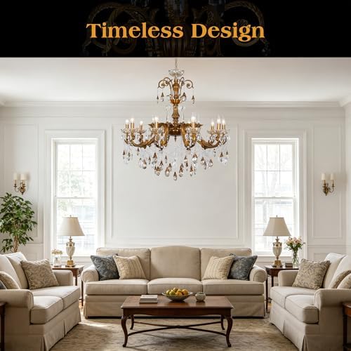 French Crystal Chandelier Antique Gold Candle-Style Pendant Light - Image 2