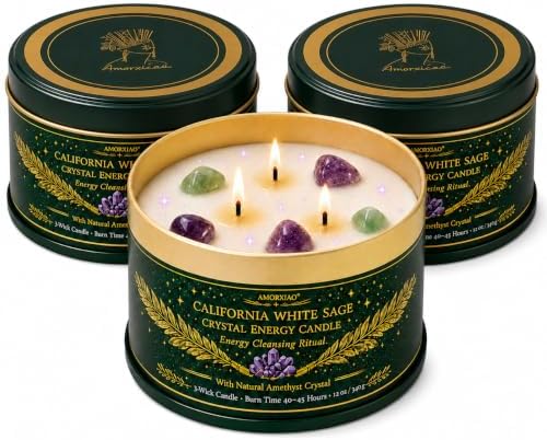 Sage Candle for Cleansing, 3 Pack Scented Candle Jar Candles with Crystals by YMing