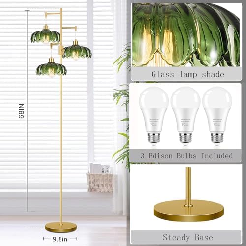 Vintage Floor Lamps for Living Room Bedroom-3 Light Dimmable Gold Floor Lamp with Glass Lampshape, Flower Tall Lamp Modern Mid Century Standing Lamp Green Tree Floor Lamp for Bedroom Corner - Image 6