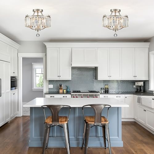 Brushed Nickel Crystal Semi Flush Mount Ceiling Light Fixture Modern Farmhouse Small Chandelier 3-Light Round Crystal Mini Chandelier for Dining Room Entryway Hallway Kitchen Bedroom Foyer - Image 6