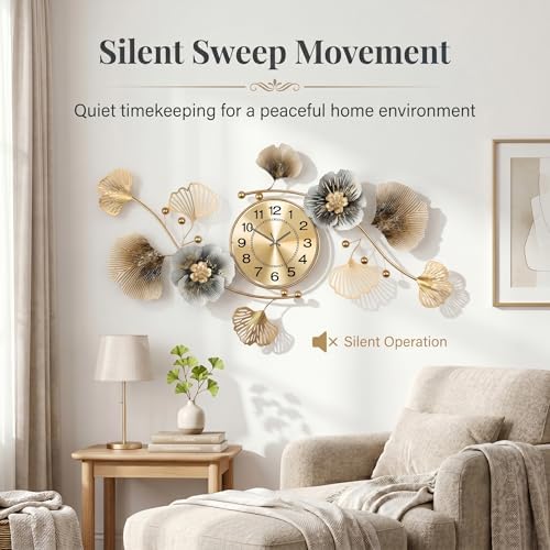 33" 3D Ginkgo Leaf Metal Wall Clock for Home Wall Decor - Image 5