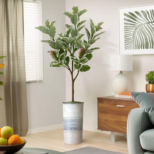 Artificial Tree in Blue Gray Industrial Line Pattern Planter, Fake Rubber Silk Tree for Indoor and Outdoor Home Decoration - 70" Overall Tall (Plant Pot Plus Tree) by SIGNWIN