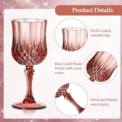XUWAIDSGN 48 Pcs 7oz Plastic Vintage Wine Glasses Drinking Glasses Unbreakable Wedding Glassware Crystal Water Goblets Reusable Drinkware Vintage Champagne Flutes (48, Rose Gold) - Image 4