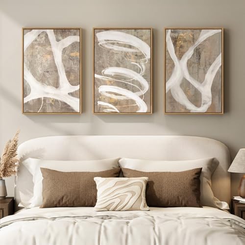 Framed Neutral Beige Abstract Wall Art for Bedroom, 3 Piece Set, 16x24 In by Cuspin