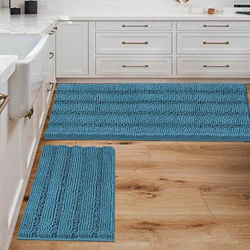 H.VERSAILTEX 2 Piece Bathroom Set - Super Absorbent Chenille Striped Bath Mats - Non Skid, Machine Washable - Turquoise Blue, 47 x 17 Plus 17 x 24 Inches by HVERSAILTEX