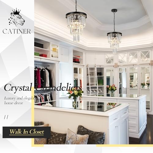 CATINER 12" Modern Crystal Chandeliers,3 Lights Black Round Light Fixture - Image 4