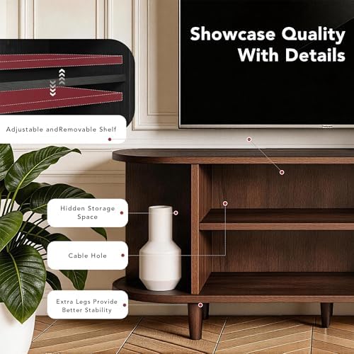 MXV 58" TV Stand with Sliding Doors for Living Room, Mid Century Modern Entertainment Center, TV Console with Fluted Door Cabinets and Power Outlet, Walnut - Image 3