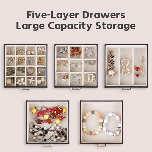 Kendal Jewelry Box, 6-Layer Jewelry Storage Organizer for Necklace Bracelet Rings Watch, 10.2"x8.2"x6" Classic Black PU Leather 5 Drawers Large Storage Capacity with Mirror - Image 3