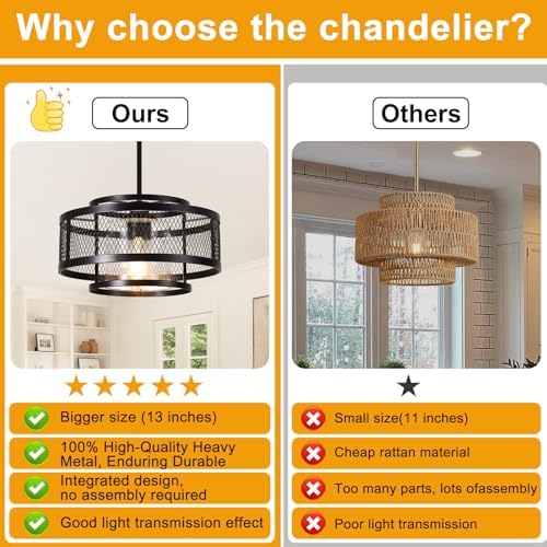 13" Dining Room Light Fixture/Chandelier Over Table, No Assembly Required Modern Black Pendant Light Fixtures, Industrial Hanging Pendant Lights Fixture for Kitchen Island Dining Room Hallway Entryway - Image 2