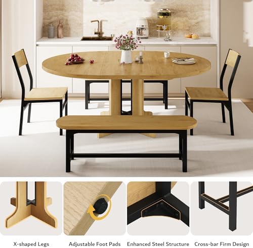 iPormis 5-Piece Round Dining Table Set for 4-6, 59" Extendable Dining Room Table Set with 2 Ergonomic Chairs & 2 Benches, Oval Modern Dinette Table with MDF Board and Metal Frame, Space-Saving, Oak - Image 6