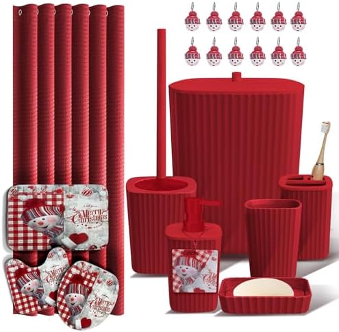 Clara Clark Christmas Bathroom Accessory Set - 22PC, Complete Set + Bath Rugs, Modern, Red & White, Polyester by ClaraClark
