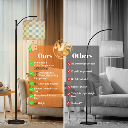 Arc Floor Lamp Blue Watercolor Gingham Checkered Soft Shades Blue White Dimmable Modern Standing Lamp with Remote Adjustable Drum Shade Footswitch Tall Pole Lamp for Living Room Bedroom - Image 7