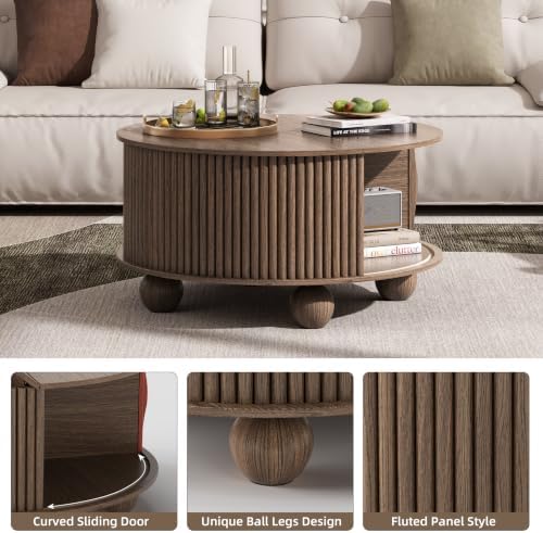 JOINICE 31.5" Round Coffee Table with Storage,Unique Bun Feet,Walnut Finish - Image 3