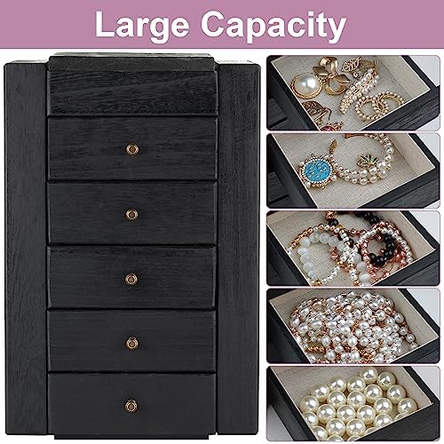 Meangood Jewelry Box Wood for Women, 6-Layer Large Organizer Box with Mirror & 5 Drawers for Rings, Earrings, Necklaces, Vintage Style, Black - Image 3