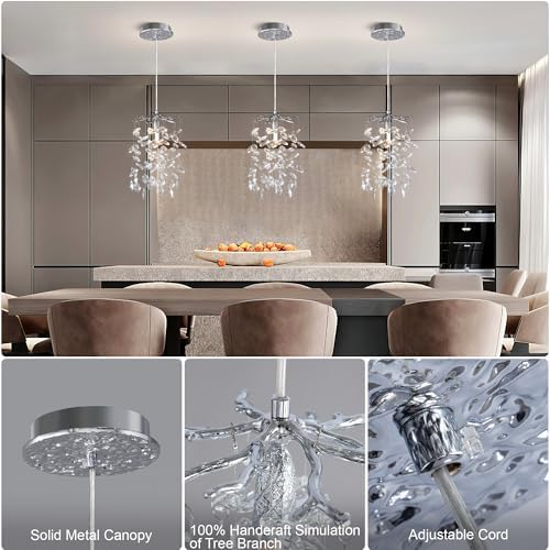 YUYI 8.3" Crystal Pendant Light for Kitchen Island, Modern Silver Tree Branch Chandelier, Luxury Round K9 Crystal Raindrop Pendant Light Fixture for Dining Room, Living Room, Bedroom, Foyer, Entryway - Image 6