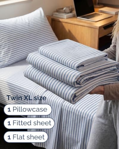 Twin XL 3 Piece Sheet Set - College Dorm Room Essentials - Blue Stripes - Image 3