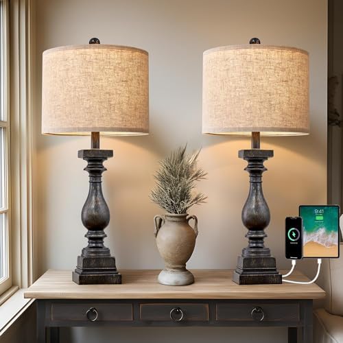 BOBOMOMO 27" Farmhouse Black Table Lamp Set of 2 with USB A+C for Bedroom Living Room Vintage Rustic Traditional Nightstand Bedside Lamps Retro Side Table Lamps (Blubs not Included) by BOBOMOMO