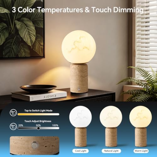 Natural Travertine Table Lamp Cordless Rechargeable Marble Touch Night Light with Glass Shade 3 Color Adjustable LED Dimmable Ambient Lighting for Bedroom Living Room Desk Shelf - Image 4