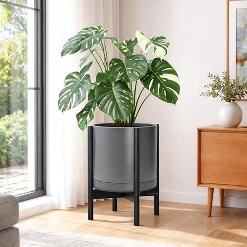 D'vine Dev Ceramic Pot with Ebony Wood Stand, Grey, 14 in, 55-B-S-3 - Image 2