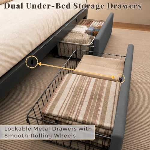 Queen Bed Frame with 2 Storage Drawers, Grey Velvet Upholstered - Image 5