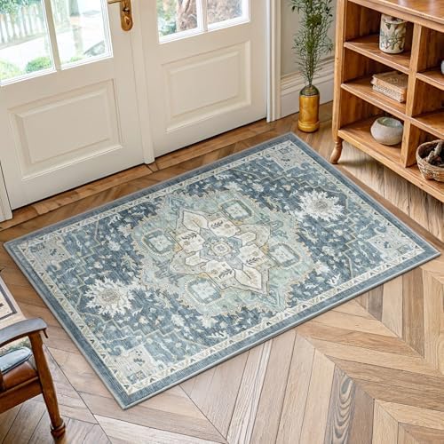 Amada Small 2x4 Washable Area Rug for Entryway, Blue/Yellow, Vintage Style by AMADAHOMEFURNISHING