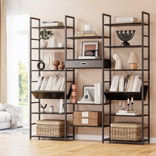 NUMENN Triple Wide 6 Tier Bookshelf with Drawer & Open Shelves, Black by NUMENN