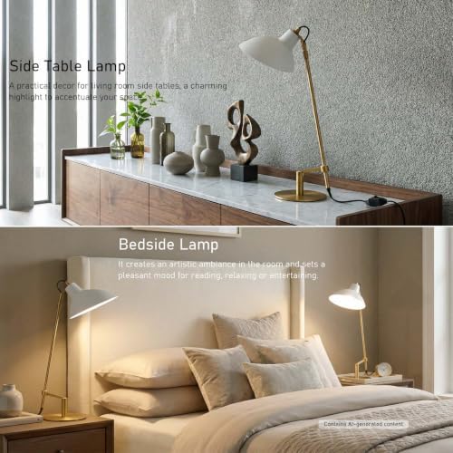 Desk Lamp Modern Industrial 100% Metal Adjustable Table Lamp 24", Natural Light (4000K) with Dimmer, Ideal for Office Bedroom Study Room Living Room Nightstand Bedside Lamps White+Brass - Image 5