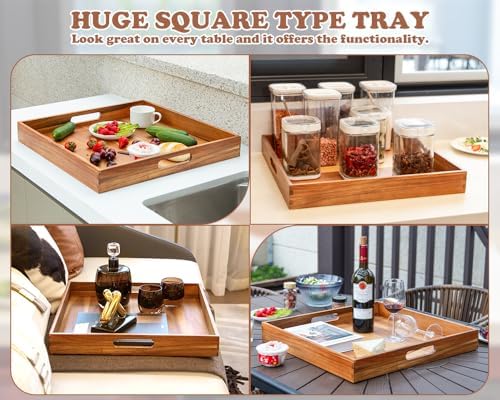 Large Ottoman Tray for Living Room, 20" Extra Large Wooden Tray for Ottoman Square Big Acacia Serving Trays with Handles for Coffee Table, Breakfast, Appetizers, Dinner - Image 6