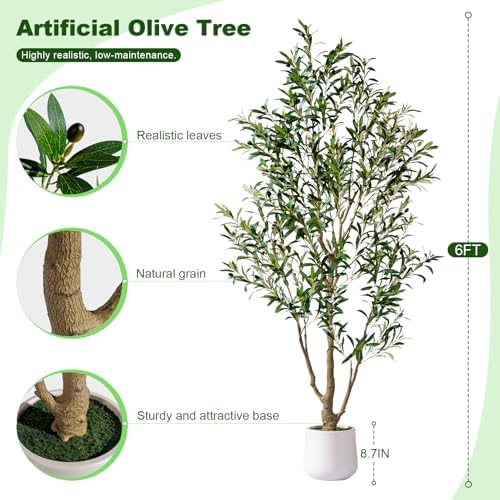 6FT Artificial Olive Tree with Realistic Leaves & Natural Trunk, Faux Silk Olive Plant in White Planter, Tall Fake Tree for Modern Home Office Living Room Entryway Corner Decor, Maintenance Free - Image 6