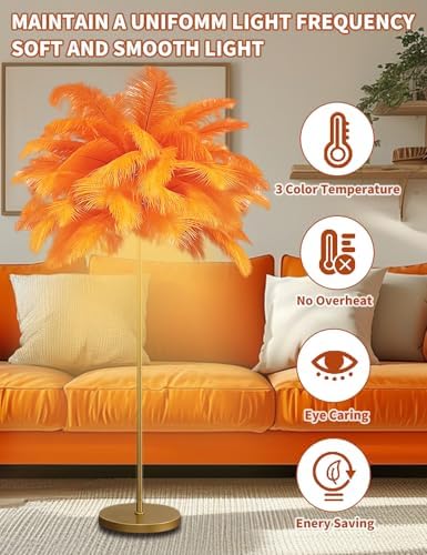 Feather Floor Lamp,Fluffy Ostrich Feather Floor Lamp for Bedroom,3 Color Temperatures Led Corner Modern Floor Lamps for Living Room Christmas Home Decor House Warming Gifts,63″ Height (Orange) - Image 5