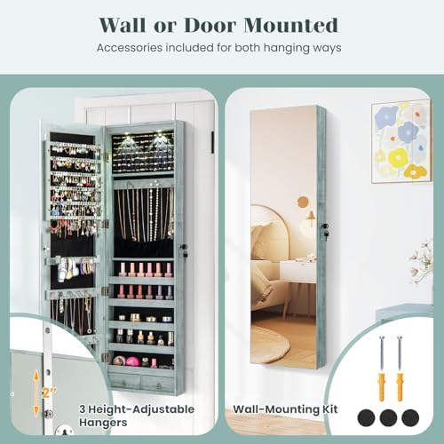 NAFORT 2 LEDs Mirror Jewelry Armoire, 47.5" H Door or Wall Mounted Jewelry Cabinet with Frameless Mirror, Lockable Jewelry Storage Box, Hanging Jewelry Organizer with 2 Drawers, Vintage Blue - Image 4