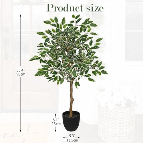 3Ft Ficus Tree Artificial Plants Indoor with Realistic Trunk, Tall Fake Potted Tree Faux Floor Plant, Artificial Tree in Pot for Home Living Room Office Bedroom Corner Decor(Green White) - Image 2