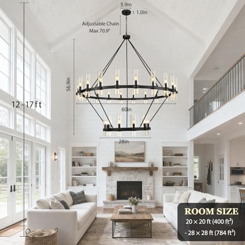 Black Wagon Wheel Chandelier 2 Tier, 60 Inch Chandeliers with Glass Shade, 30-Light Large Chandelier for High Ceiling, Modern Farmhouse Chandeliers for Living Room, Dining Room, Entryway and Staircase - Image 2