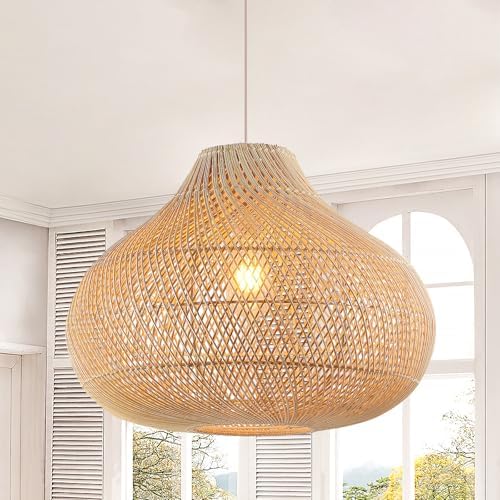 Large Rattan Pendant Light, 19.7" Rattan Boho Wicker Chandelier Hand-Woven Basket Pendant Light Fixtures for Dining Room Kitchen Island Living Room by Karjearl