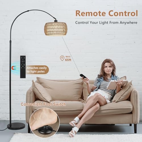 Arc Floor Lamps for Living Room with 3 Color Temperatures, Black Standing Lamp with Remote & Dimmable LED Bulb, Rattan Boho Floor Lamp, Farmhouse Tall Lamp for Bedroom, Over Couch Arched Reading Light - Image 6