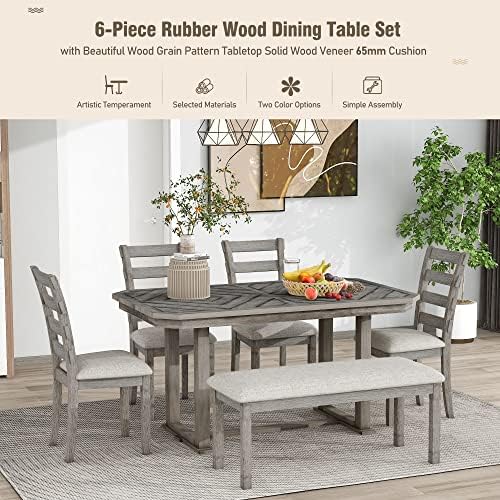 Solid Wood 6-Piece Dining Room Table Set with Beautiful Wood Grain Pattern Tabletop, Rustic Style Kitchen Dining Table Set with 4 Padded Ergonomic Chairs & a Bench (Gray-Grain) - Image 3
