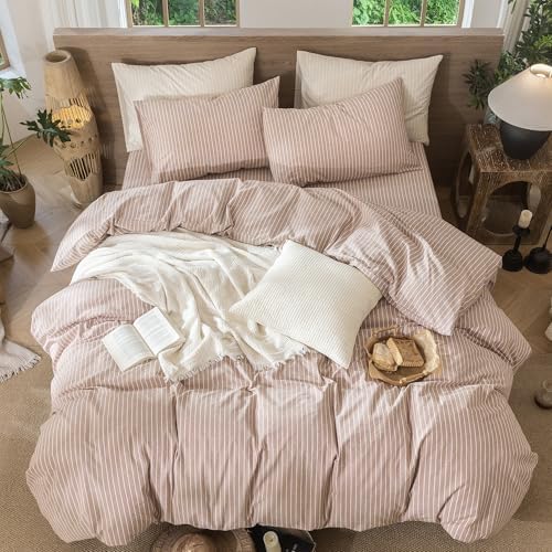 MooMee Striped Duvet Cover Set 100% Washed Cotton Linen Like Full - Image 5