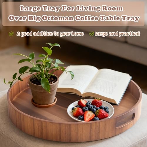 20 Inch Ottoman Coffee Table Tray with Handles, Large Round Wooden Serving Tray, Big Decorative Kitchen Organizer Giant Sofa Storage Trays Huge Counter Serveware - Image 4