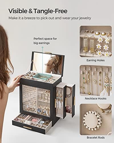 SONGMICS 5-Layer Jewelry Box with Glass Window, 3 Side Drawers - Image 5
