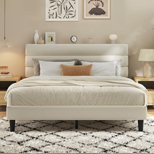 Fluest Queen Bed Frame, Platform Bed Frame with Velvet Upholstered Headboard, No Box Spring Needed, Sturdy Metal Support, Noise Free, Easy Assembly, Modern Bedroom Furniture, Beige by Fluest