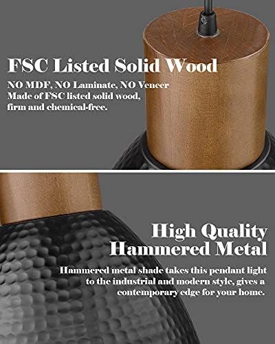 ELYONA 3 Pack Hammered Pendant Lights for Kitchen Island 7” Small Metal Solid Wood Hanging Light Fixtures Adjustable Height Farmhouse Pendant Lighting for Dining Room Bedroom Bar Office, Modern Black - Image 6