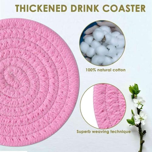 Drink Coasters 8 Pack with Holder, 4-Color Cotton Woven Absorbent Coasters Set, Minimalist 4.3in Cup Mat for Home Decor, Dining Table, Living Room, Tabletop-Protection for Coffee Beverage-Pink - Image 6