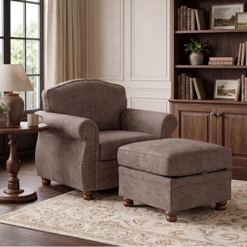 Traditional Accent Chair with Storage Ottoman, 41.3", Chenille, Brown - Image 3