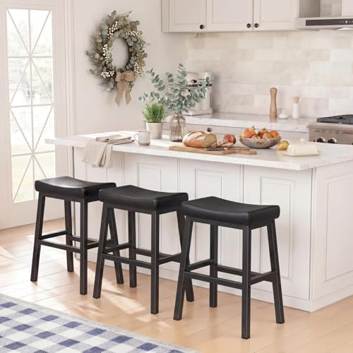 WINAZ Modern Backless Bar Stools Set of 2, 24 Inch Counter Height Stools with Footrest, Matte Finish Metal Legs, Padded Faux Leather Kitchen Island Chairs, Space Saving Stationary Design, Black - Image 4