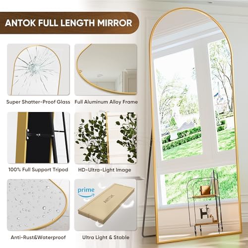 Antok 71" x28” Arched Full Length Mirror with Stand, Floor Mirror, Gold - Image 5